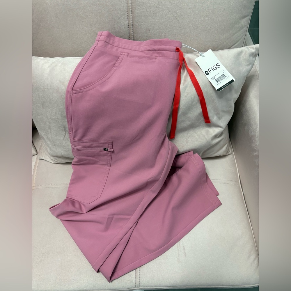 Figs pink Scrub Pants with Red Drawstring